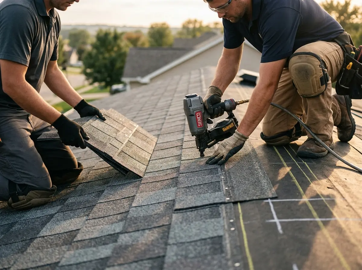 Professional roofer working on a residential roof in Rogers